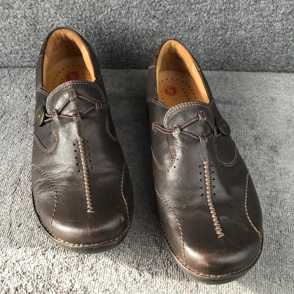 Clarks Unstructured Leather Brown Unloop Slip On Comfort Shoes Sz 9W - Picture 2 of 10
